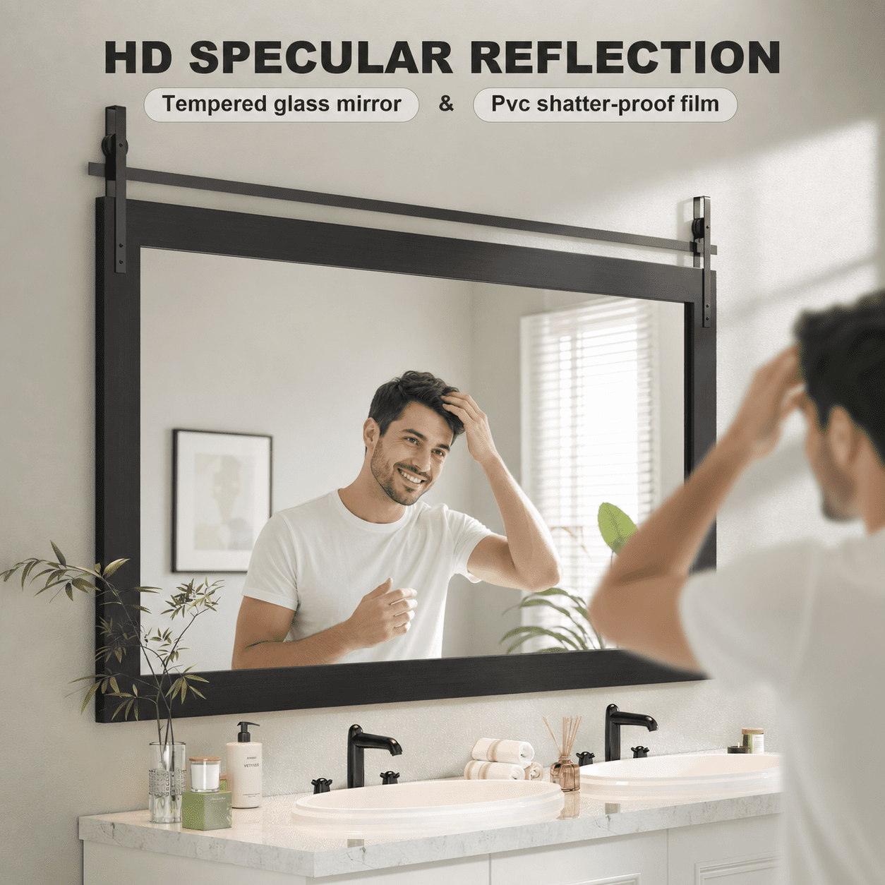 55x36-Inch Farmhouse Bathroom Mirror with Faux Wood Grain Frame, Rustic Wall Mounted Vanity Mirror and Decorative Mirror for Bathroom, Black
