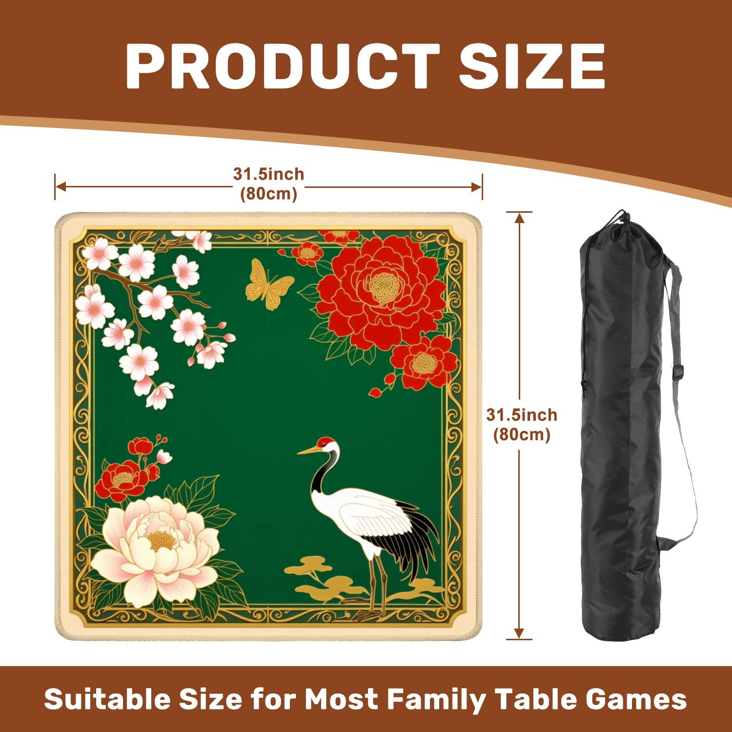 Mahjong Mat 31.5" x 31.5" Elegant Crane Peonies Cherry Blossoms Butterfly Traditional Style Non-Slip Noise Reduction American Mahjong Tiles Table Cover for Dominoes Poker Card Board Games Gift