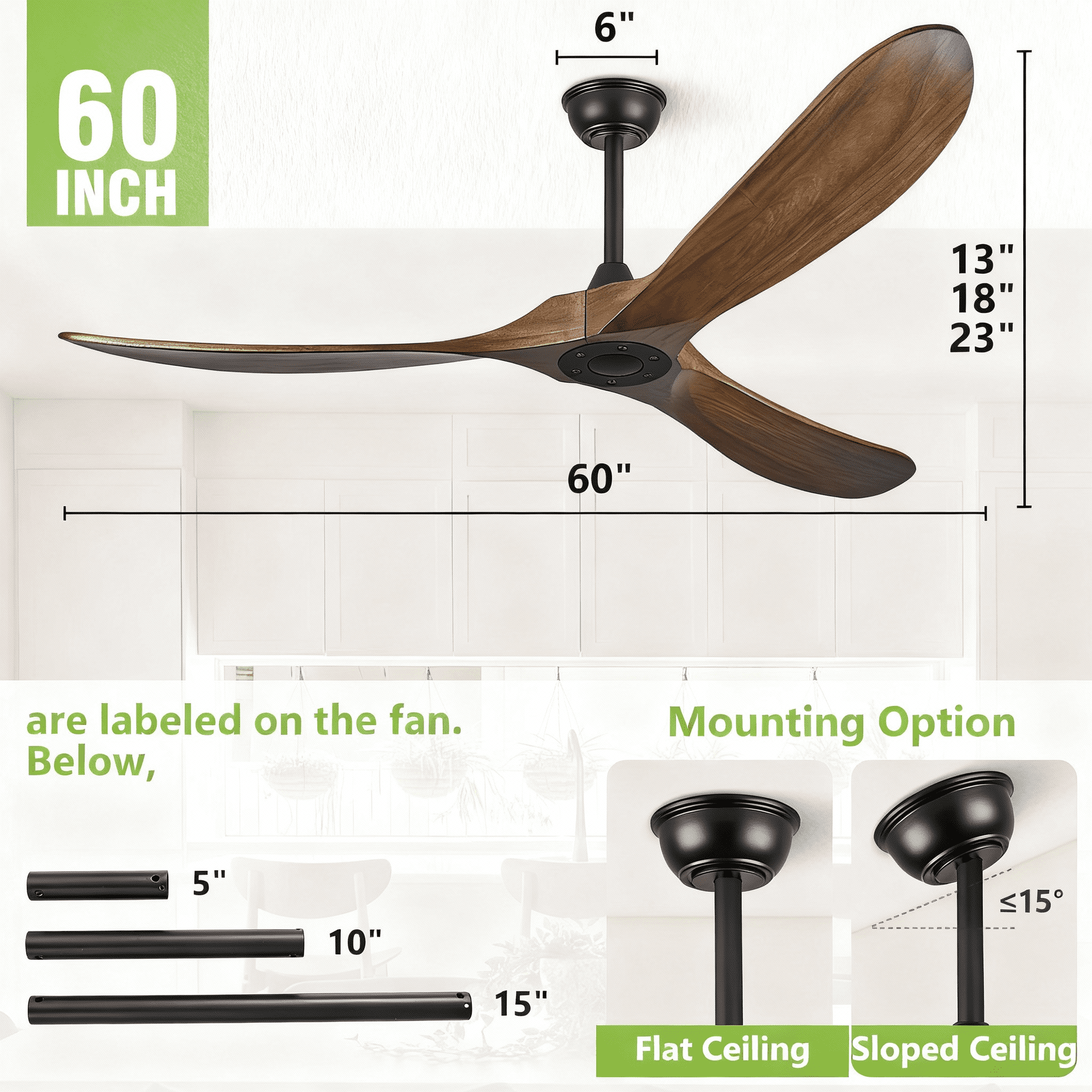 60 Inch Solid Wood Walnut Coastal Farmhouse Indoor Outdoor Patio 3-Blade Ceiling Fans