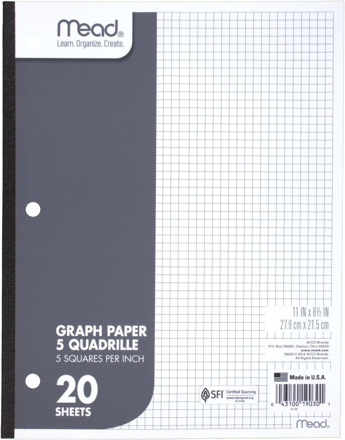 Mead Graph Paper Pad, Quadrille, 5 Squares per Inch, 11" x 81/2", 20 Sheets, 1 Pad (19030