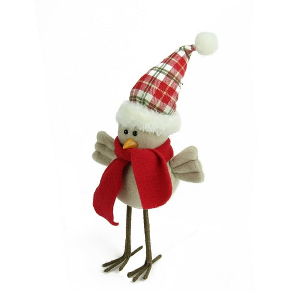 10" Cream Standing Bird with Scarf and Plaid Hat Christmas Tabletop Decoration