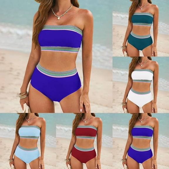 UTSJKR Women's Tube Top Bikini Set 2 Piece High Waisted Swimwear Color Block Bathing Suit Stretch Exotic Two Piece Swimsuit Sky Blue XL