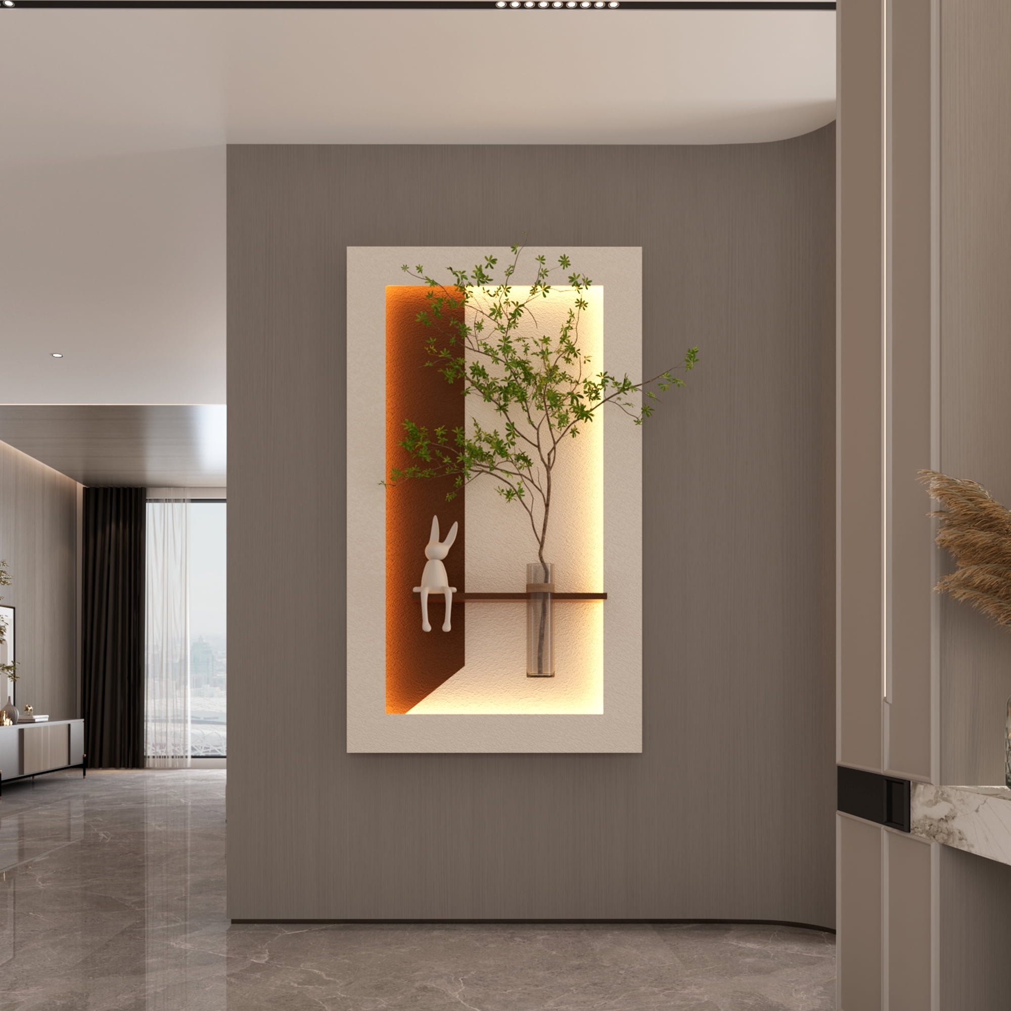 Aukfa 3D Sandstone Wall Art with Artificial Green Plants, LED Wall Decor with Glass Vase & Rabbit Statue, Remote Control for Living Room/Bedroom
