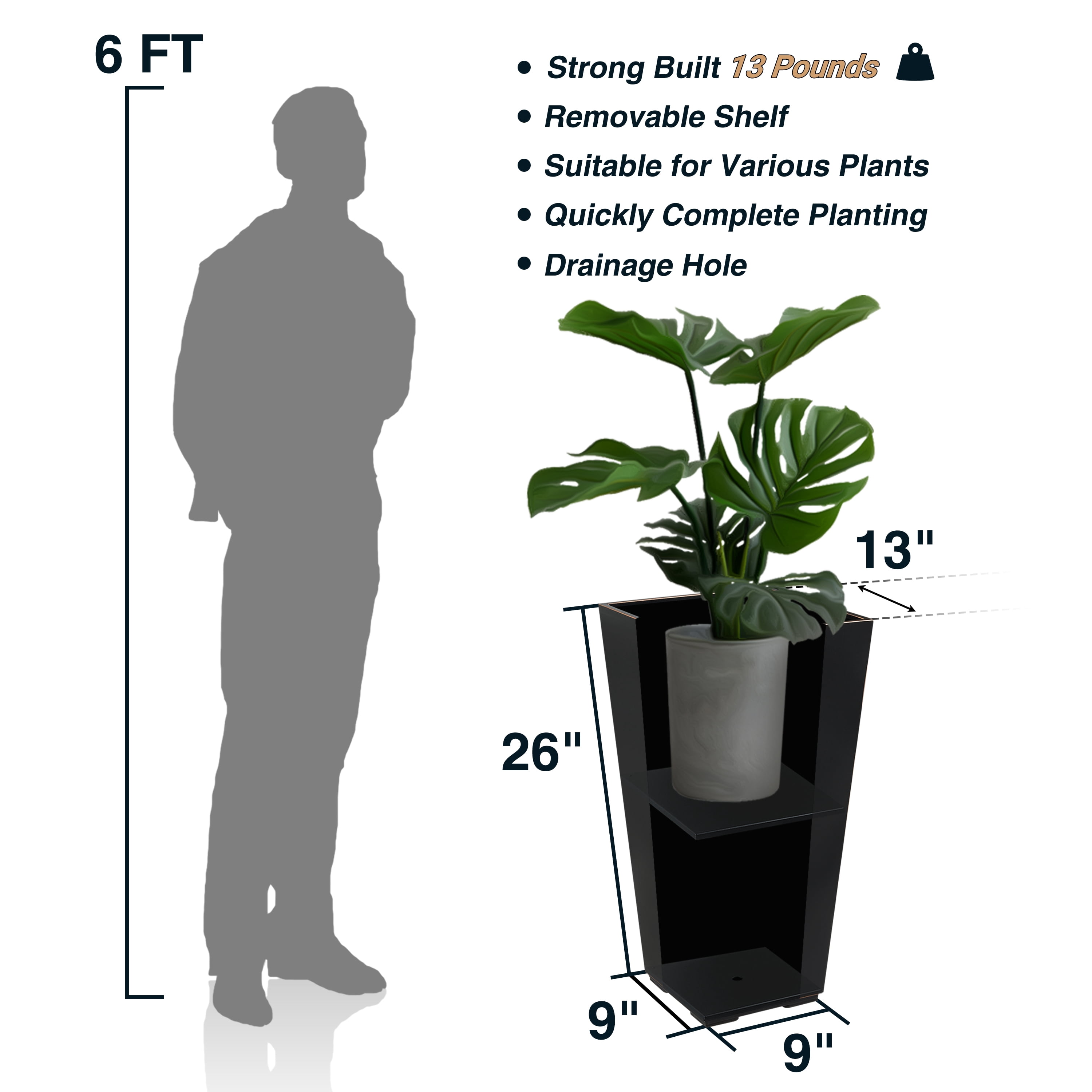 Wallowa 26H inches Metallic Taper Planter for Indoor and Outdoor Tall Planter for Front Porch, Patio, Deck, Garden Set of 2 Black