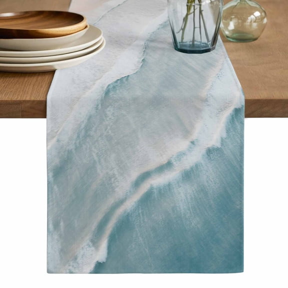 Beach Coastal Table Runner, Blue Nautical Summer Ocean Seaside Washable Cotton Linen Table Runners 108 Inches Long, Dresser Scarf Runner for Dining/Living Room/Kitchen/Square Tables 13''x108''