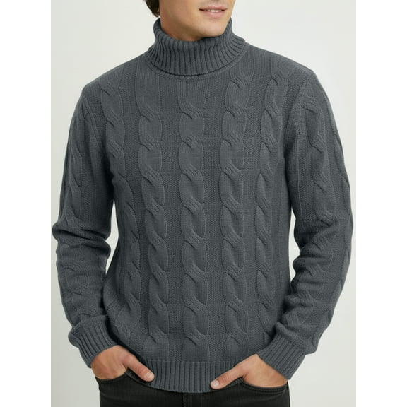 Mens Sweatshirt, Turtleneck Sweaters Slim Fit Cable Knit Long Sleeve Pullover Sweater Grey