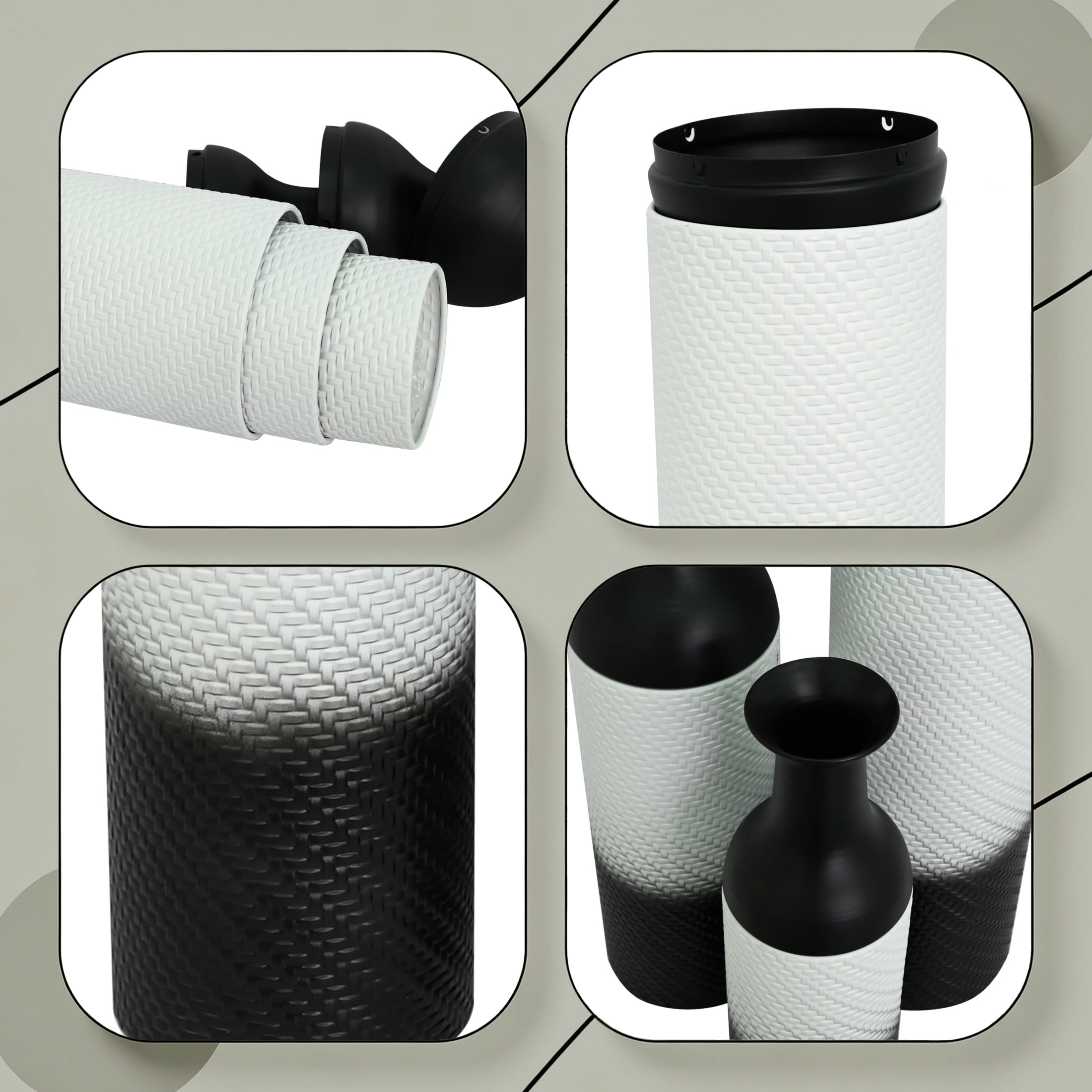 Noble House Set of 3 Decorative Metal Floor Vases, Tall Woven Pattern Vases for Home Decor, Black+White