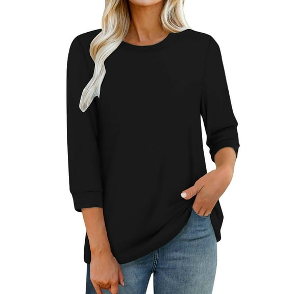 Yigetop Womens Summer Tops, Women's Round Neck Solid Color 3/4 Sleeves Blouse Tops Women's Blouse T Shirt Ladies Tops and Blouses Black L