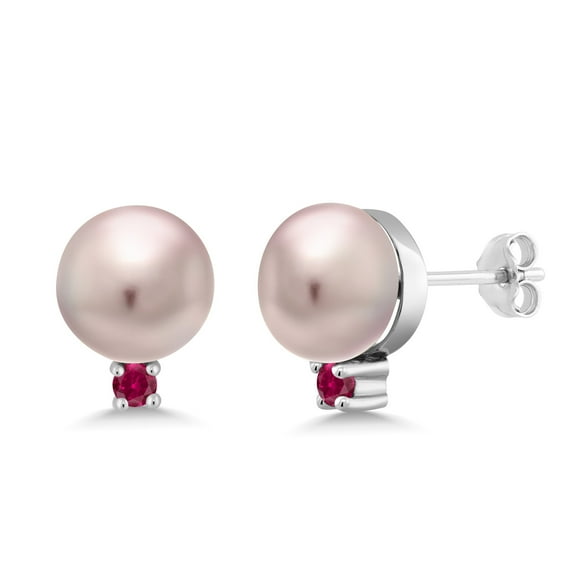 Gem Stone King 925 Sterling Silver Red Created Ruby Purple Lavender Cultured Freshwater Pearls Earrings for Women (0.10 Cttw, Gemstone July Birthstone, Round 2MM)
