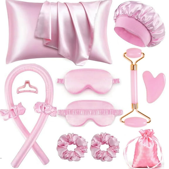 Whudwhu 12-Piece Heatless Hair Curling Set with Satin Pillowcase, Sleeping Bonnet & Face Massager - Complete Hair Care Kit for Women, No-Heat Overnight Curlers with Silk Scrunchies (pink 12PCS)