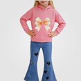 thumbnail image 2 of Vornjynx Girls 2 Piece Outfit（2-7）Hooded Sweatshirt with Butterfly Bow Print and Flared Pants Set Casual Clothing Set Pink Size 5T, 2 of 9