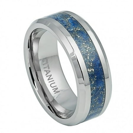 - 8mm Titanium with Royal Blue Specks Riverstone Inlay Wedding Band Ring For Men Or Ladies