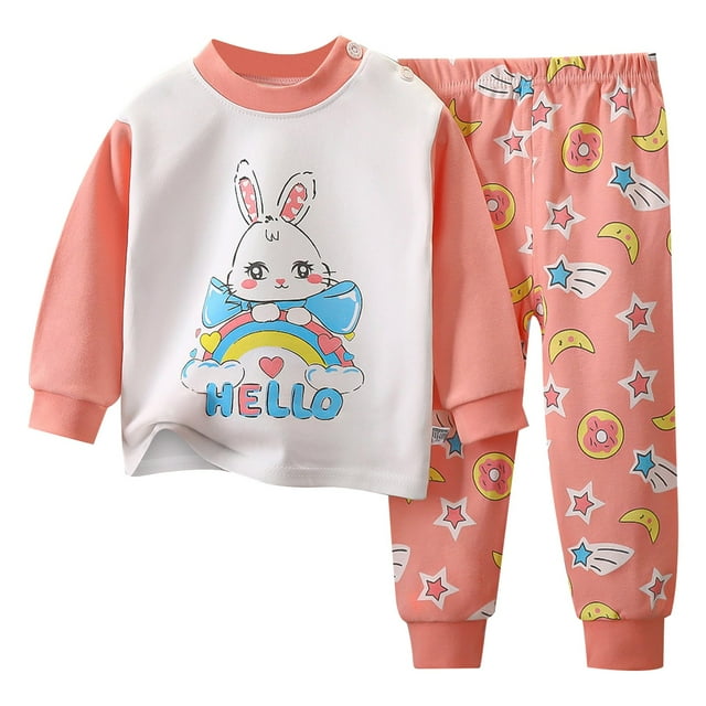 WEIYLL Pyjamas pour Filles Été Imprimé Manches Longues Col Rond sous-Vêtements Pur Chaud Taille Élastique Ensemble de Nuit 2 Pcs