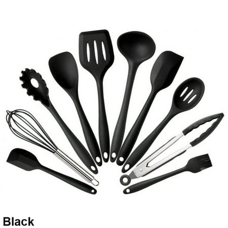 10-Piece Silicone Cooking Utensils Sets Non-stick Heat Resistant Hygienic Kitchen Gadgets with Spoonula, brush, whisk, L&S spatula,ladle,slotted turner and spoon,tongs,pasta fork For