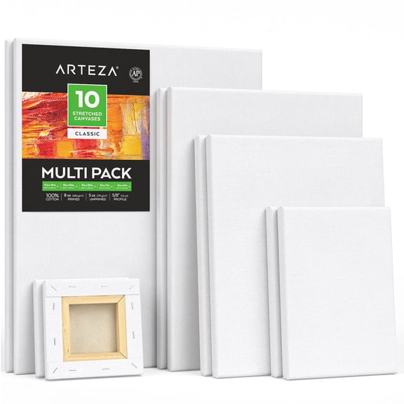 Arteza Assorted Small Stretched Canvas, Set of 10, White Cotton