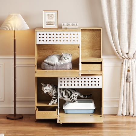 Modern Cat Litter Box Enclosure 2-in-1 Cat Furniture Side Table with Hidden Litter Box and Storage for 2 Cats Natural