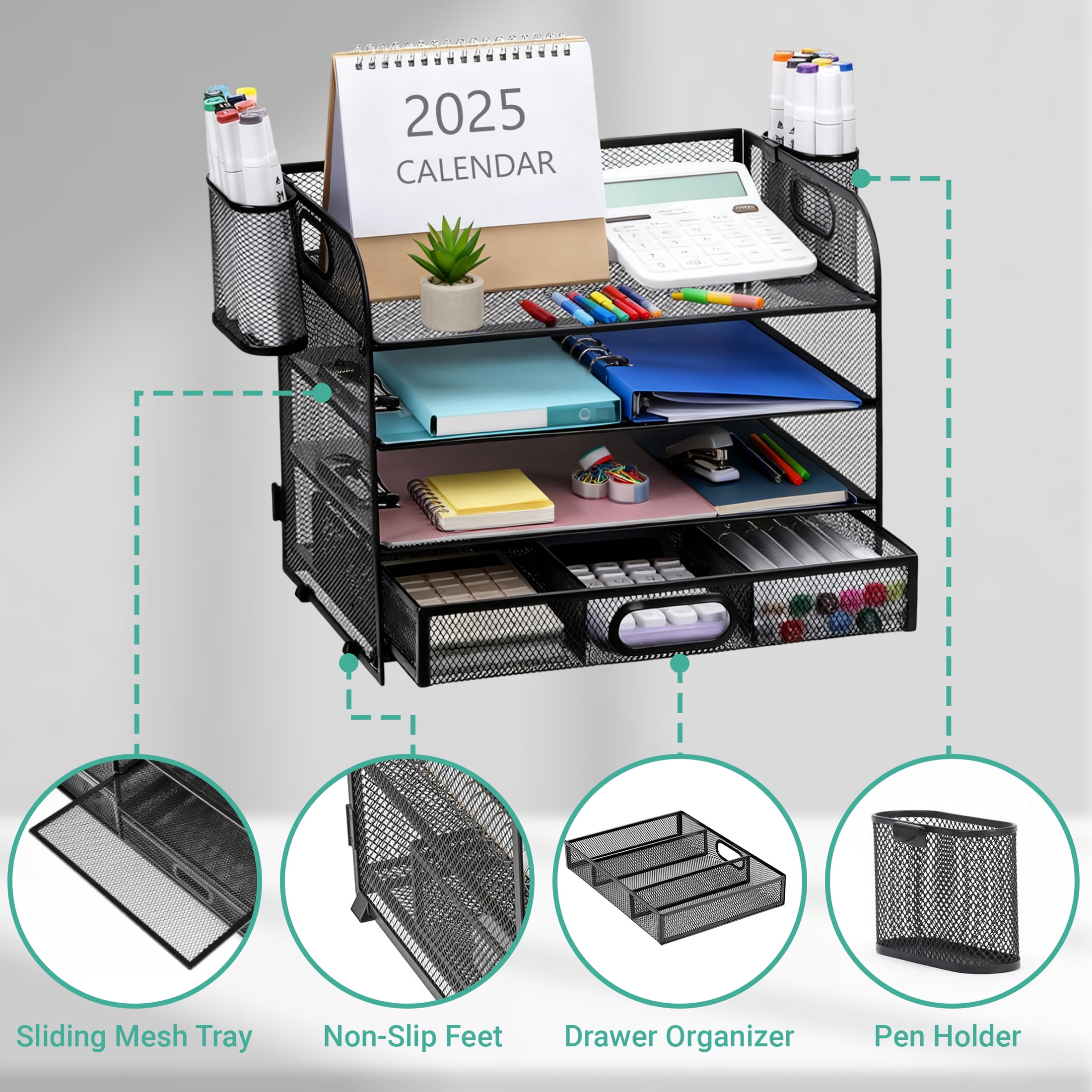 cisilov Desk Organizer, 4-Tier Paper Letter File Organizers with 2 Pen Holder, Mesh Desktop Organizer for Office Organization and Storage, Black