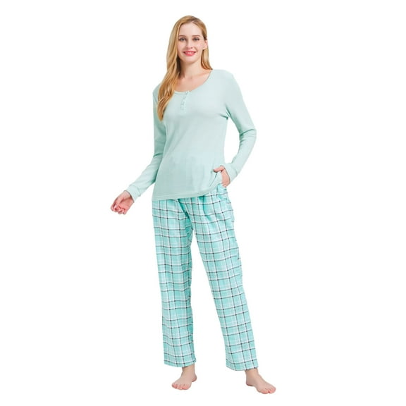 GLOBAL Women's Flannel Pajama Sets Knit Top Flannel Pants Sleepwear Long-Sleeve Top & Bottom, Size S-3XL