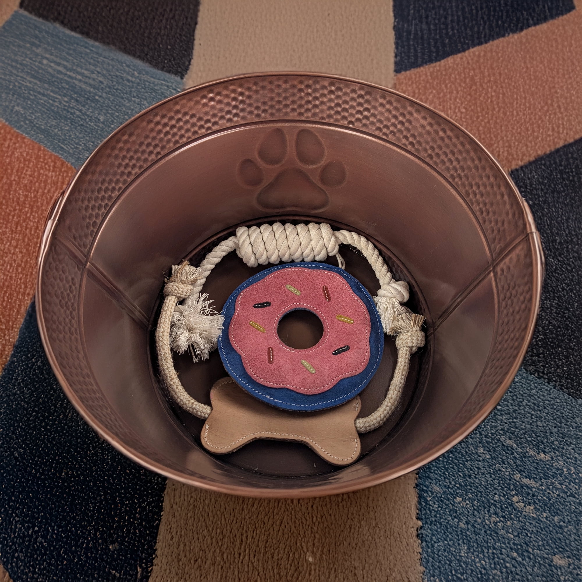 BREKX Home + Party Metal Dog Toy Box with 3 Dog Toys, For Aggressive Chewers, Bronze, Round & Paw