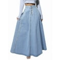 thumbnail image 2 of Women'S Retro High Waisted Button Fly Flared Long Pleated Flowy Swing A-Line Denim Maxi Skirts Light Blue L, 2 of 10