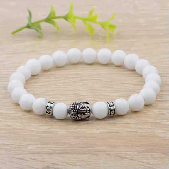 EOEMY Fashion Women 8mm White Turquoise Lava Beads Buddha Head Men Charm Bracelets-187-O