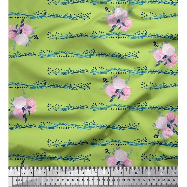 Soimoi Green Poly Georgette Fabric Leaves & Ranunculus Floral Fabric Prints By Yard 42 Inch Wide