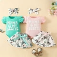 thumbnail image 5 of Gubotare Baby Girl Summer Outfit Baby Girl Outfit Letter Short Sleeve Romper Ruffle Layered Bow Shorts Cute Clothes+Headband 0 3 6 9 12 18 24 Months (Pink,Size 0-3 Months), 5 of 7