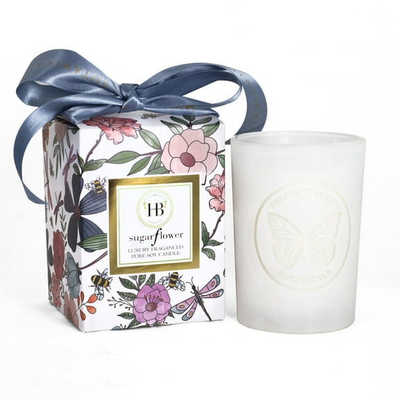 HB Botanicals Candle/Luxury Scented Soy Candles/Hand Poured/Highly Scented Clean Burn/7.5 Oz Frosted Powder White Jar /Gold Embossed Gift Box/Satin Bow (Fleur Sucree)