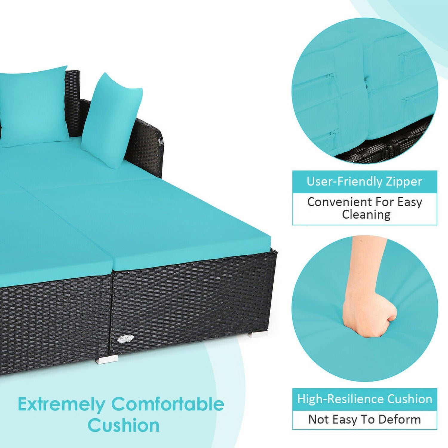 Aimee Lii Spacious Outdoor Rattan Daybed with Upholstered Cushions and Pillows, Outdoor Deck Furniture, Turquoise Aimee Lii Spacious Outdoor Rattan Daybed with Upholstered Cushions and Pillows, Outdoor Deck Furniture, Turquoise