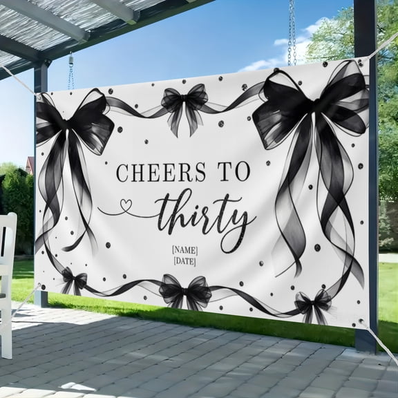 51*59IN Customize Coquette 30th Birthday Backdrop for Women Personalized Cheers to Thirty Photography Background Black Bow Theme Birthday Party Banner
