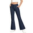 thumbnail image 2 of YaEYa Girls School Uniform Pant Striped Slim Fit Bell Bottom Trousers Fitted Flare Leg Pants High Waist With Side Pocket Button Fly Trouser Preppy Outfit (Navy,7-8 Years), 2 of 7