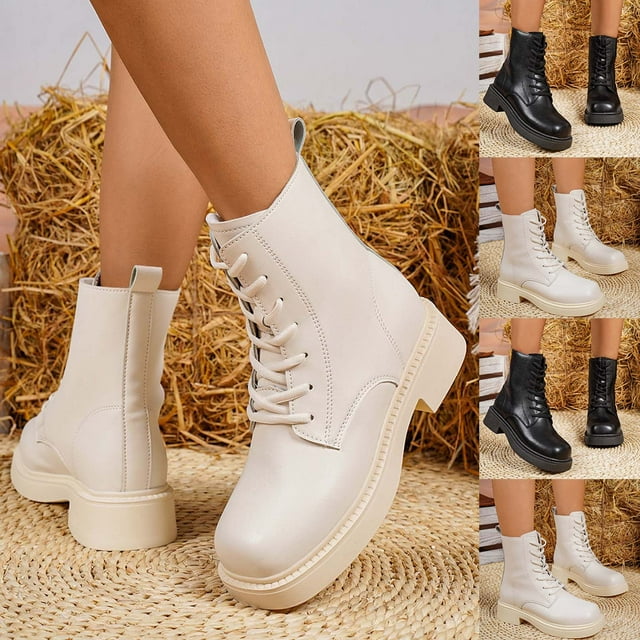 LOVZFMLL Bottes pour Femmes Mi-Mollet Bottes de Combat à Lacets Bout Rond Sangles Ajustables Talon Bas Épais Style Français Automne Hiver