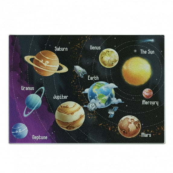Outer Space Cutting Board, Solar System of Planets Milky Way Neptune Venus Mercury Sphere Illustration, Decorative Tempered Glass Cutting and Serving Board, Small Size, Multicolor, by Ambesonne