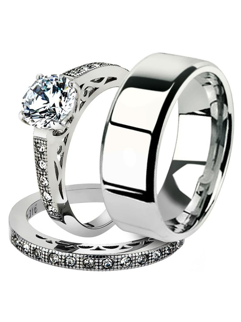 His & Her Stainless Steel 2.25 Ct Cz Bridal Ring Set & Men Zirconia Wedding Band