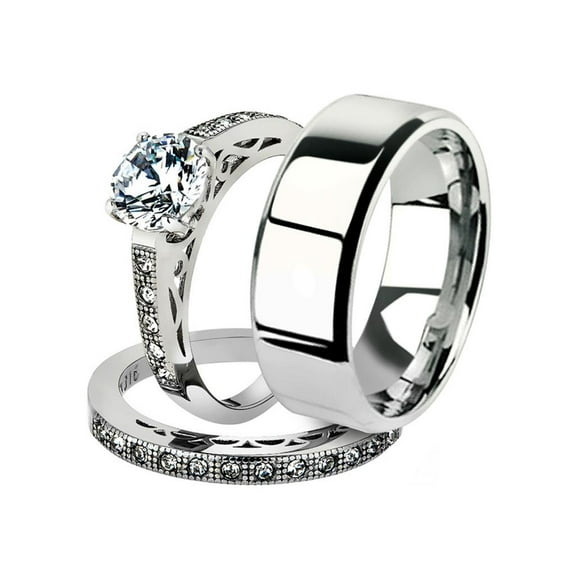 His and Her 3pc Stainless Steel 1.39 Ct Cz Bridal Ring Set and Men Beveled Edge Band Women's Size 10 Men's 06mm Size 11
