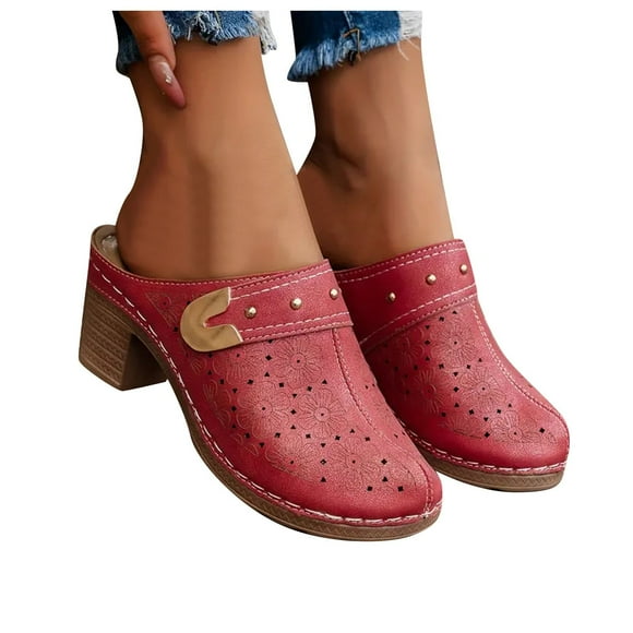 Dakaela Women's Chunky Heel Mules Closed Toe Leather Backless Clogs Wide Width Slip on Slide Pumps Retro Casual Loafers Shoes Red 9