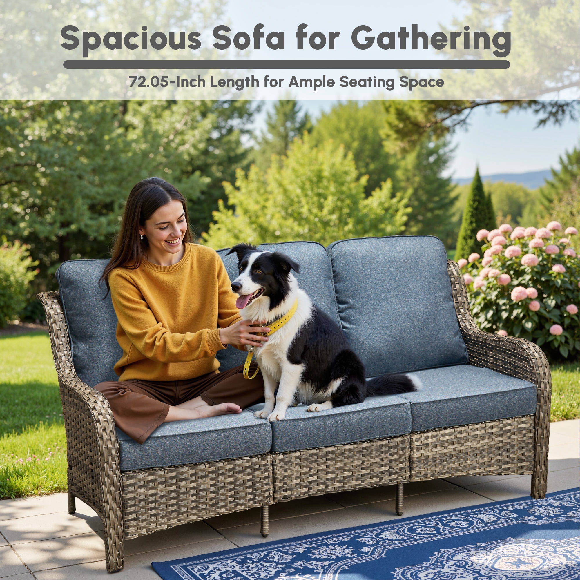 Ovios 6-Piece Patio Furniture Set All-Weather Wicker Outdoor Conversation Set with Sofa Swivel Chairs and Ottomans, Denim Blue