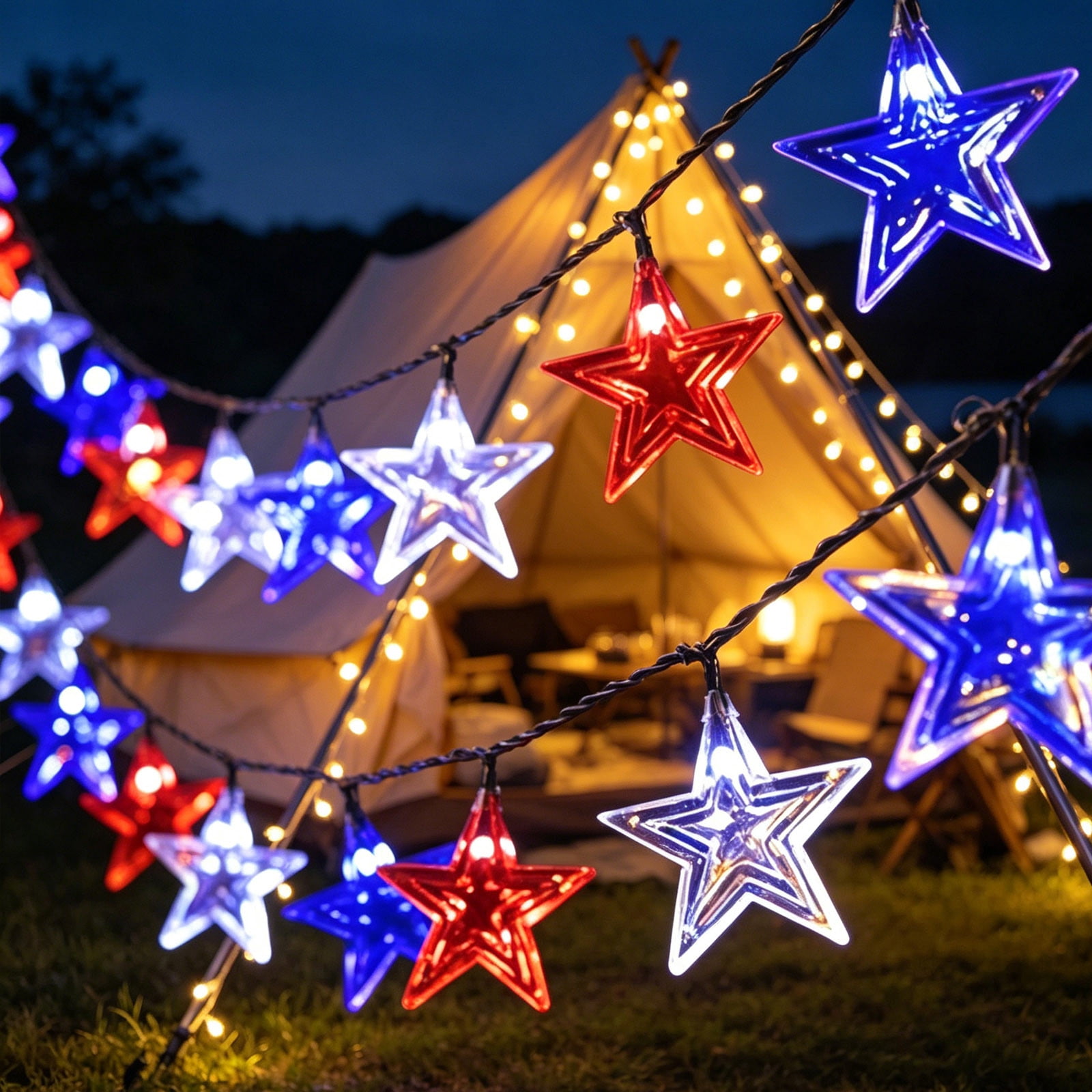 Diceymbol 4th of July Decorations Solar String Lights Outdoor 472" 100 LED Red White and Blue Patriotic Fairy Lights for Yard Independence Day 250th Anniversary