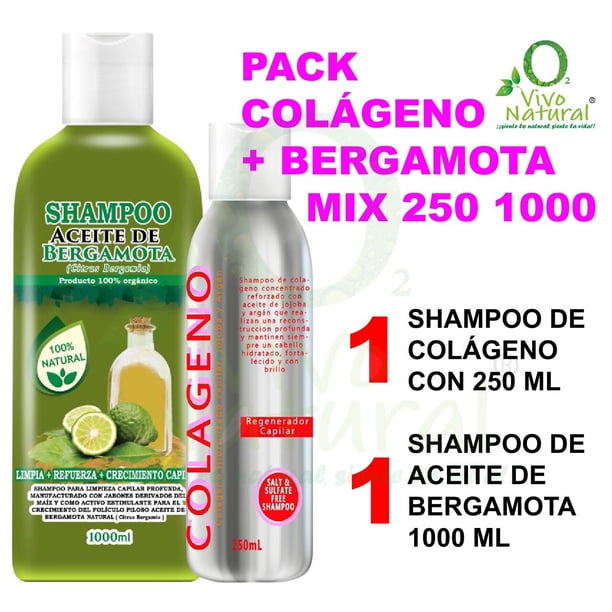 COLÁGENO + BERGAMOTA MIX 250 1000 VIVONATURAL. 1 Shampoo de Colágeno Regenerador Capilar VIVONATURAL de 250 ml y 1 Shampoo de Aceite de Bergamota VIVONATURAL DE 1000 ML