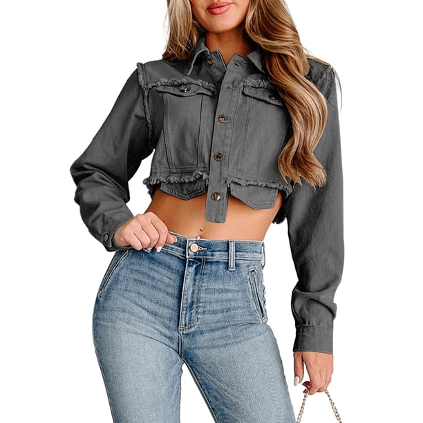 Chaqueta Abrigos de manga larga Mujer Solapa Chaqueta vaquera Casual Otoño Invierno Tops Kuymtek Gris oscuro T XL para Mujer