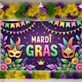 thumbnail image 4 of Colorful Mask Mardi Gras Banner Feather Decor Carnival Display Floral Design Star Pattern Festive Backdrop for Mardi Gras Party Carnival Celebration Masquerade Ball, 4 of 7