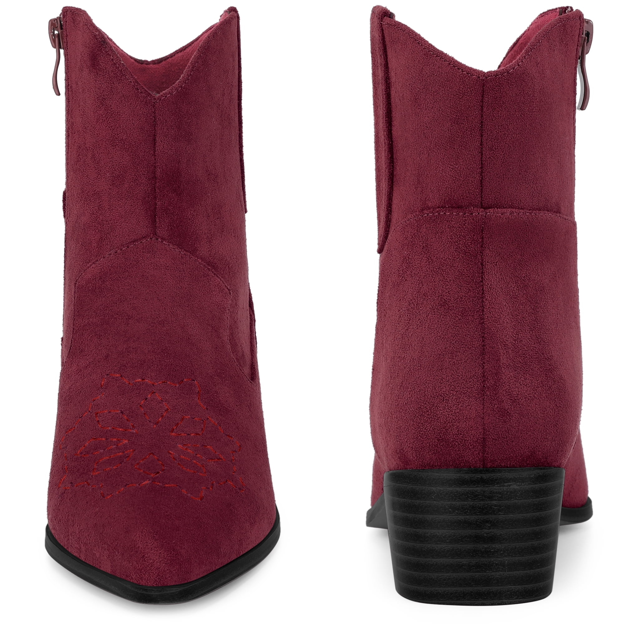 DARING DIVA Western Cowgirl Pointed Toe Chunky Heel Comfy Cowboy Ankle Boots Burgundy 8