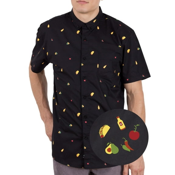 Men’s Short Sleeve Button Down Shirt – Taco Fiesta Llama Avocado Print – Funny Casual Gift