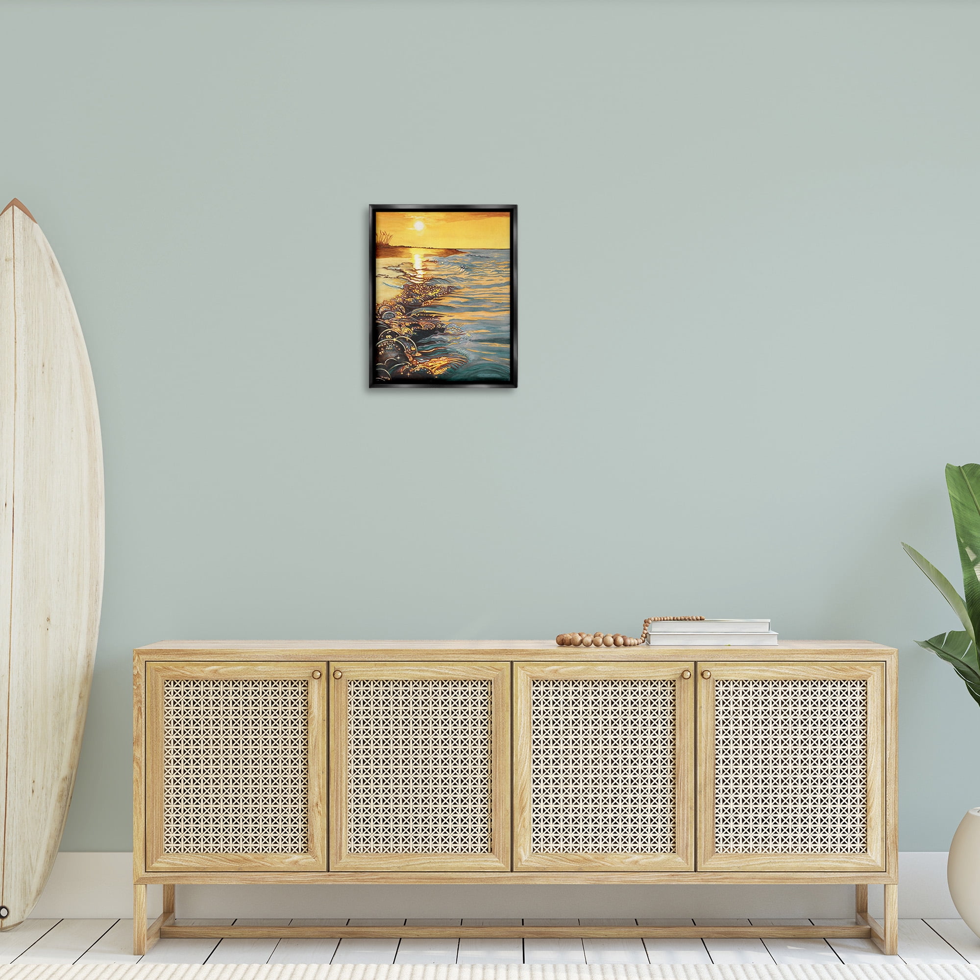 Stupell Industries Sunset over Beach Ripples Landscape Painting Black Floater Framed Canvas Art Print Wall Art, 17 x 21