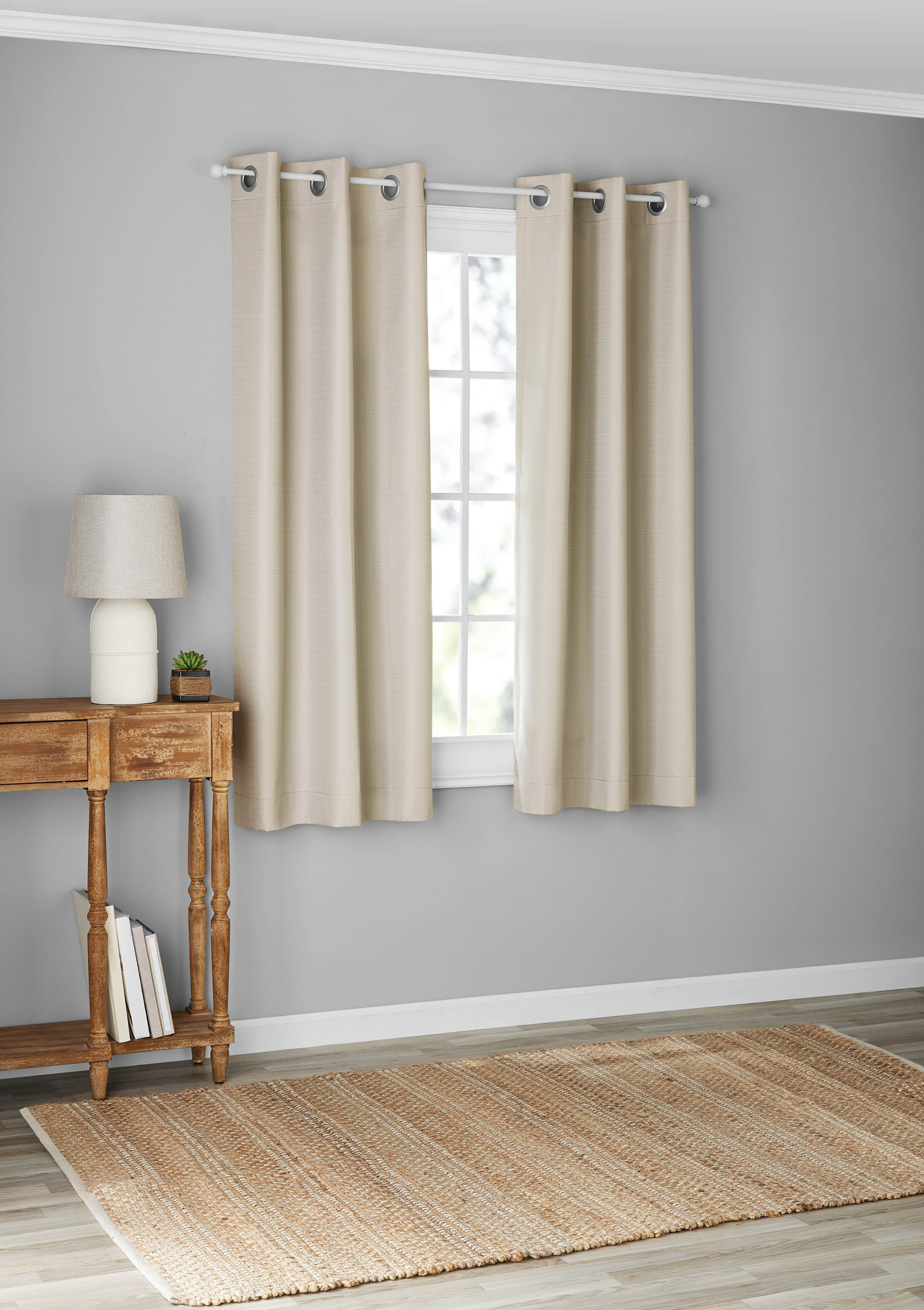 Mainstays Olan Textured Solid Blackout Grommet Curtain Panel Pair Window Treatment, Set of 2 Room Darkening Drapes for Bedroom, Beige, 37" W x 63" L