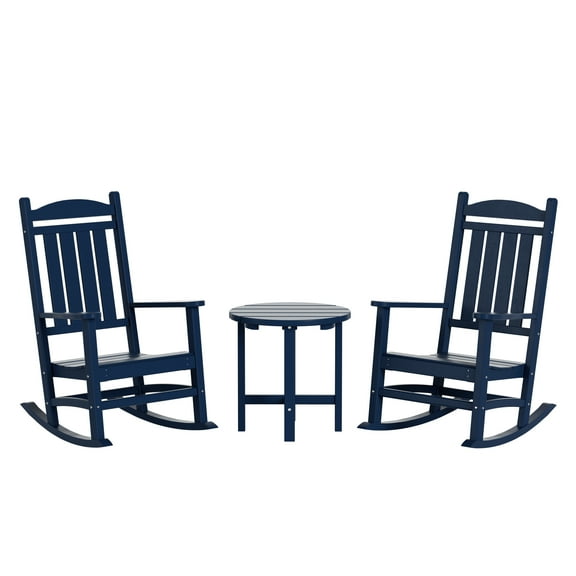 WestinTrends Malibu Classic 3 Piece Outdoor Rocking Chairs Set, All Weather Poly Lumber Adirondack Rocker Bistro Set Patio Deck Porch Chairs Set of 2 with Side Table, Navy Blue