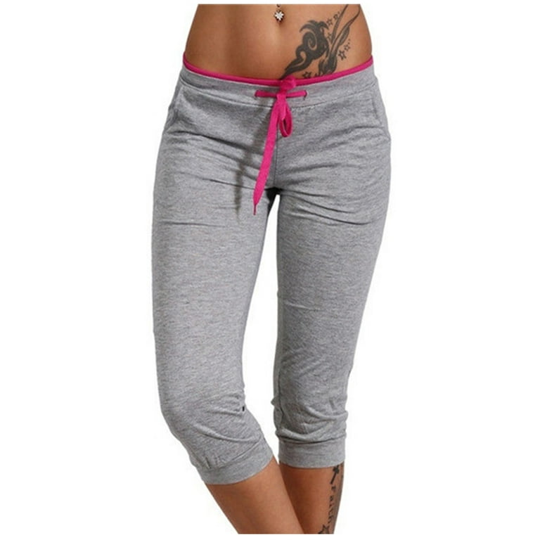 Cropped Sweatpants for Women Low Rise Drawstring Short Capri Pants Stretch  Sports Work Out Leggings Lounge Wear (Medium, Gray)