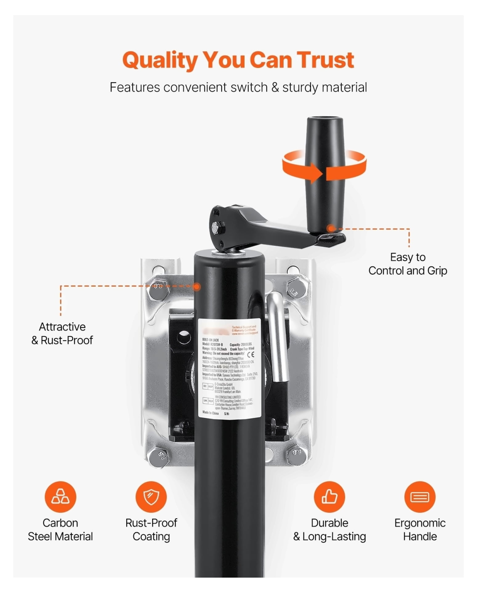 Trailer Jack 2000lbs Bolt-On Tongue Jack 10" Lift Heavy Duty RV Travel Trailer