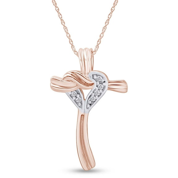 AFFY White Natural Diamond Heart and Cross Pendant Necklace In 10K Rose Gold