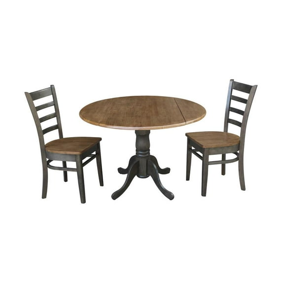42" Wood Drop Leaf Table With 2 Side Chairs in Hickory/Washed Coal - 3 Piece Set